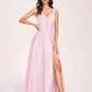 Satin V-neck A-line Prom Dresses Side slit Floor Length