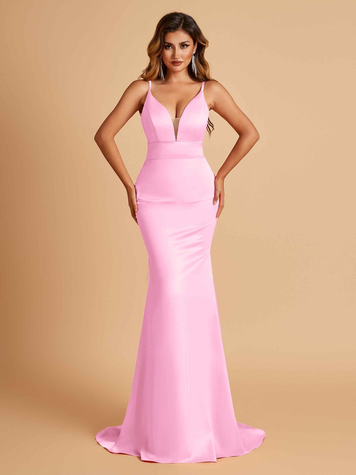Satin Deep V-neck Mermaid Prom Dresses Open Back Floor Length