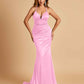 Satin Mermaid Open-back Bridesmaid Dresses Spaghetti Straps V-neck With Pleats Floor Length