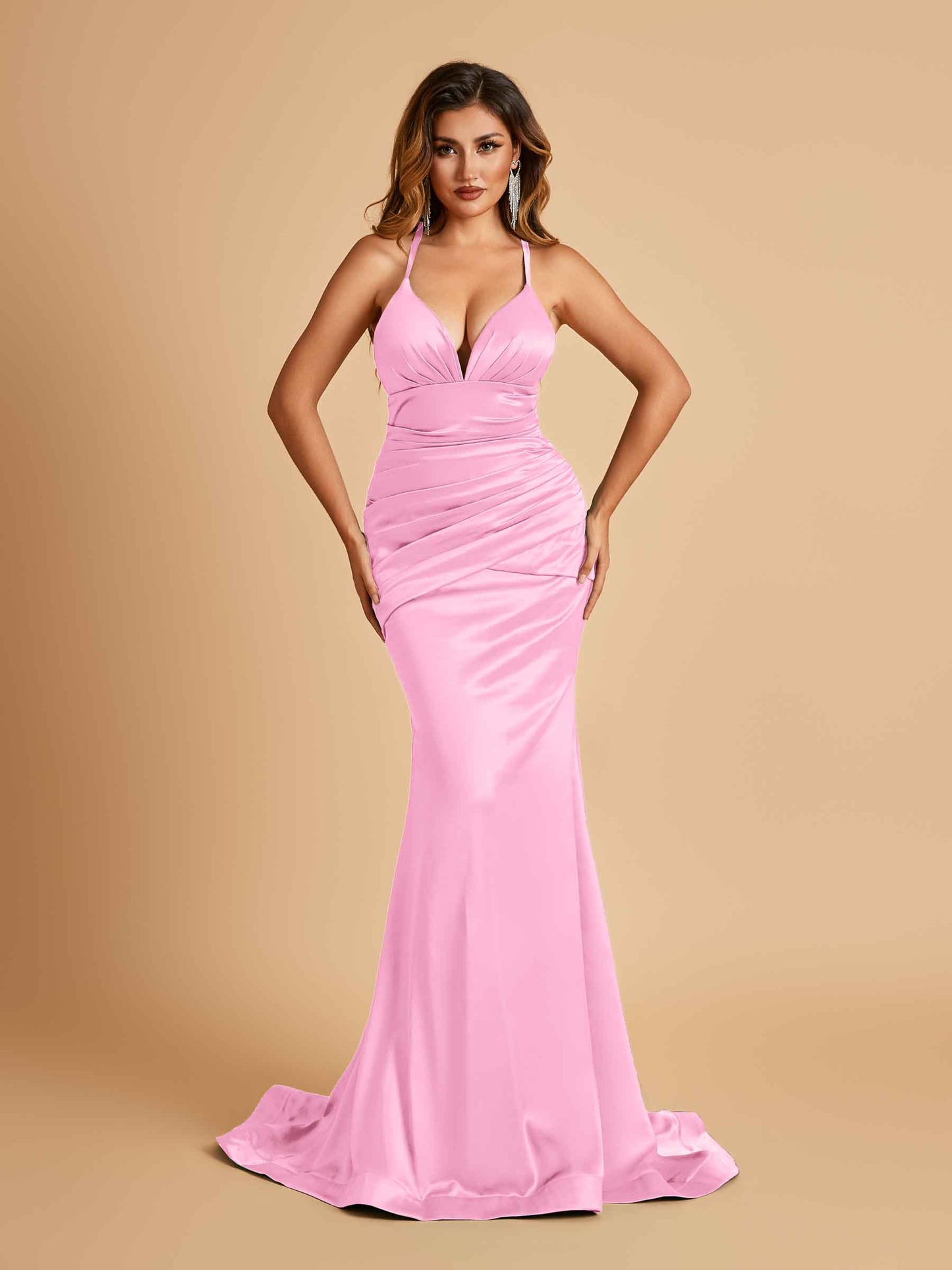 Satin Mermaid Open-back Bridesmaid Dresses Spaghetti Straps V-neck With Pleats Floor Length