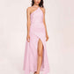 Sexy Satin Halter Strap Sheath Prom Dresses Side Slit Pleats Floor Length