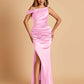 Unique Satin One Shoulder Prom Dresses Side Slit Half Open Back Floor Length