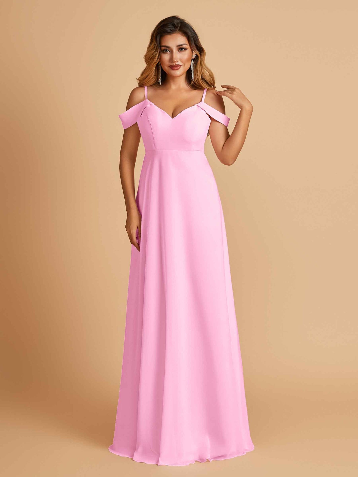 Chiffon Off-shoulder Long Bridesmaid Dresses V-neck Floor Length A-line