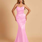 Sexy Satin Mermaid Bridesmaid Dresses Spaghetti Straps Scoop Criss-cross Back