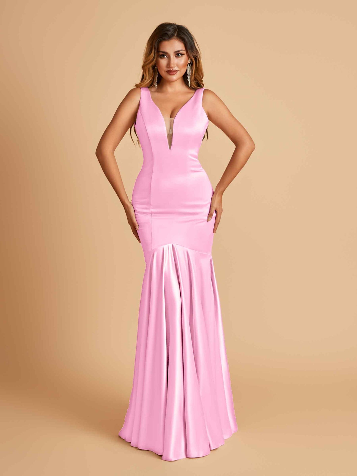 Satin Deep V-neck Mermaid Bridesmaid Dresses Half Open Back Floor Length