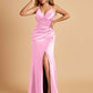 Sexy Satin Sheath Prom Dresses Spaghetti Straps V-neck Side Slit Pleats Floor Length