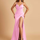 Sexy Satin Mermaid Prom Dresses Spaghetti Straps Sweetheart Side Slit Criss-cross Back