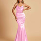 Satin Mermaid Open Back Bridesmaid Dresses Spaghetti Straps Scoop Floor Length