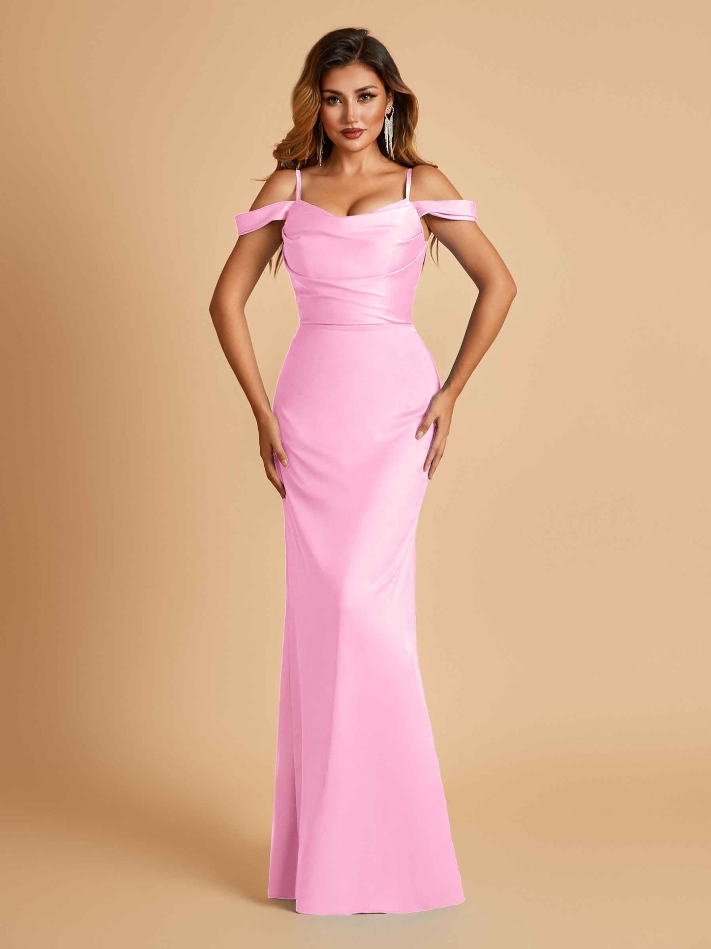 Sexy Off Shoulder Mermaid Long Prom Dresses Satin Spaghetti Straps Floor Length