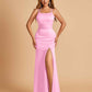 Satin Mermaid Long Prom Dresses Spaghetti Straps Scoop Side Slit Criss-cross Back