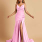 Sexy Satin Mermaid Open Back Prom Dresses Spaghetti Straps V-neck Side Slit