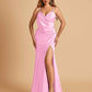 Sexy Satin Sheath Prom Dresses Spaghetti Straps V-neck Side Slit Floor Length