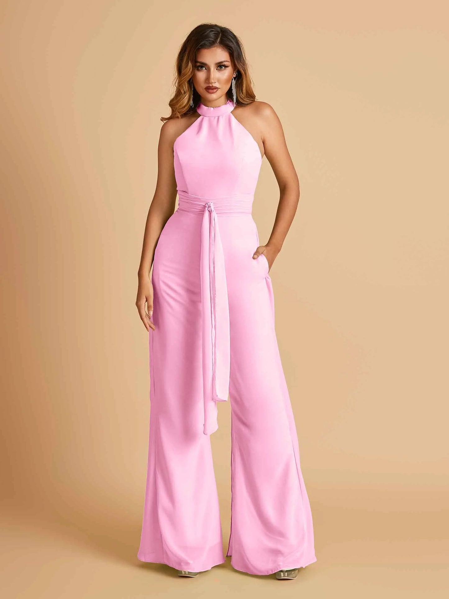 Chiffon Bridesmaid Jumpsuit Jewel Neck Sleeveless Floor Length With Pockets For Sale