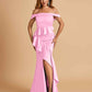 Satin Mermaid Off Shoulder Bridesmaid Dresses With Ruffles Side Slit Floor Length