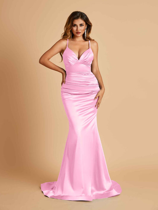 Satin Mermaid V-neck Bridesmaid Dresses Spaghetti Straps Floor Length