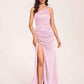 Satin Halter Pleats Sheath Bridesmaid Dresses Side-Slit Floor Length Sleeveless