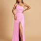 Satin One Shoulder Sheath Prom Dresses Spaghetti Straps Side Slit Floor Length