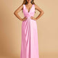 Sexy Satin Deep V-neck Long Bridesmaid Dresses A-line Pleats Sleeveless Floor Length