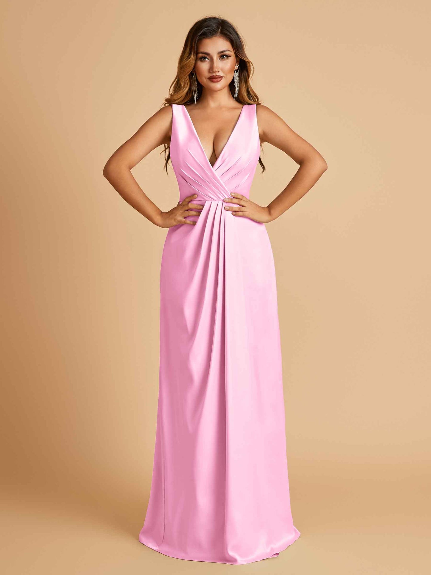 Sexy Satin Deep V-neck Long Bridesmaid Dresses A-line Pleats Sleeveless Floor Length