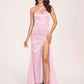 Sexy Satin One-shoulder Prom Dresses Side Slit Sheath Floor Length Long