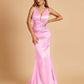 Sexy Satin Criss-cross Back Prom Dresses Mermaid Deep V-neck Back Pleats Floor Length