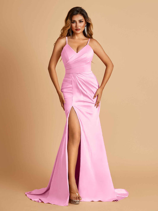 Sexy Mermaid Bridesmaid Dresses Spaghetti Straps Satin Side Slit Pleats Floor Length