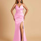 Sexy Satin Mermaid Long Prom Dresses Spaghetti Straps Sweetheart Side Slit Criss-cross Back