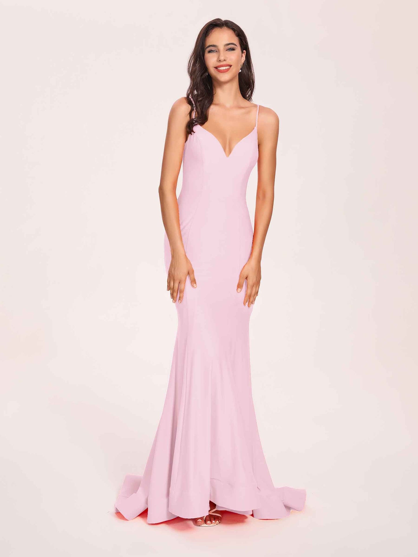 Sexy Satin Mermaid Prom Dresses Spaghetti Straps V-neck Floor Length Lace-up Back