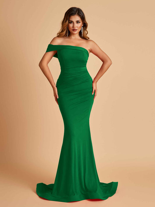 Sexy Jersey One Shoulder Bridesmaid Dresses Mermaid Pleats Floor Length Unique