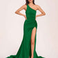 Jersey One-shoulder Prom Dresses Open Back Pleats Side-Slit With Train Long
