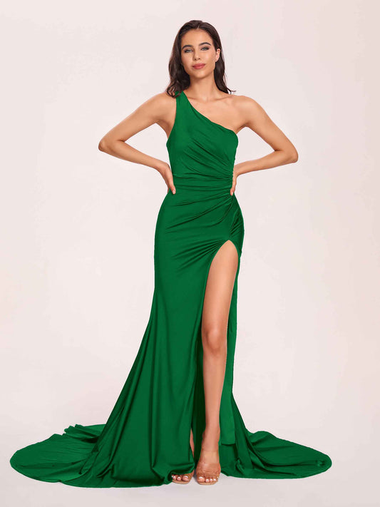 Jersey One-shoulder Prom Dresses Open Back Pleats Side-Slit With Train Long