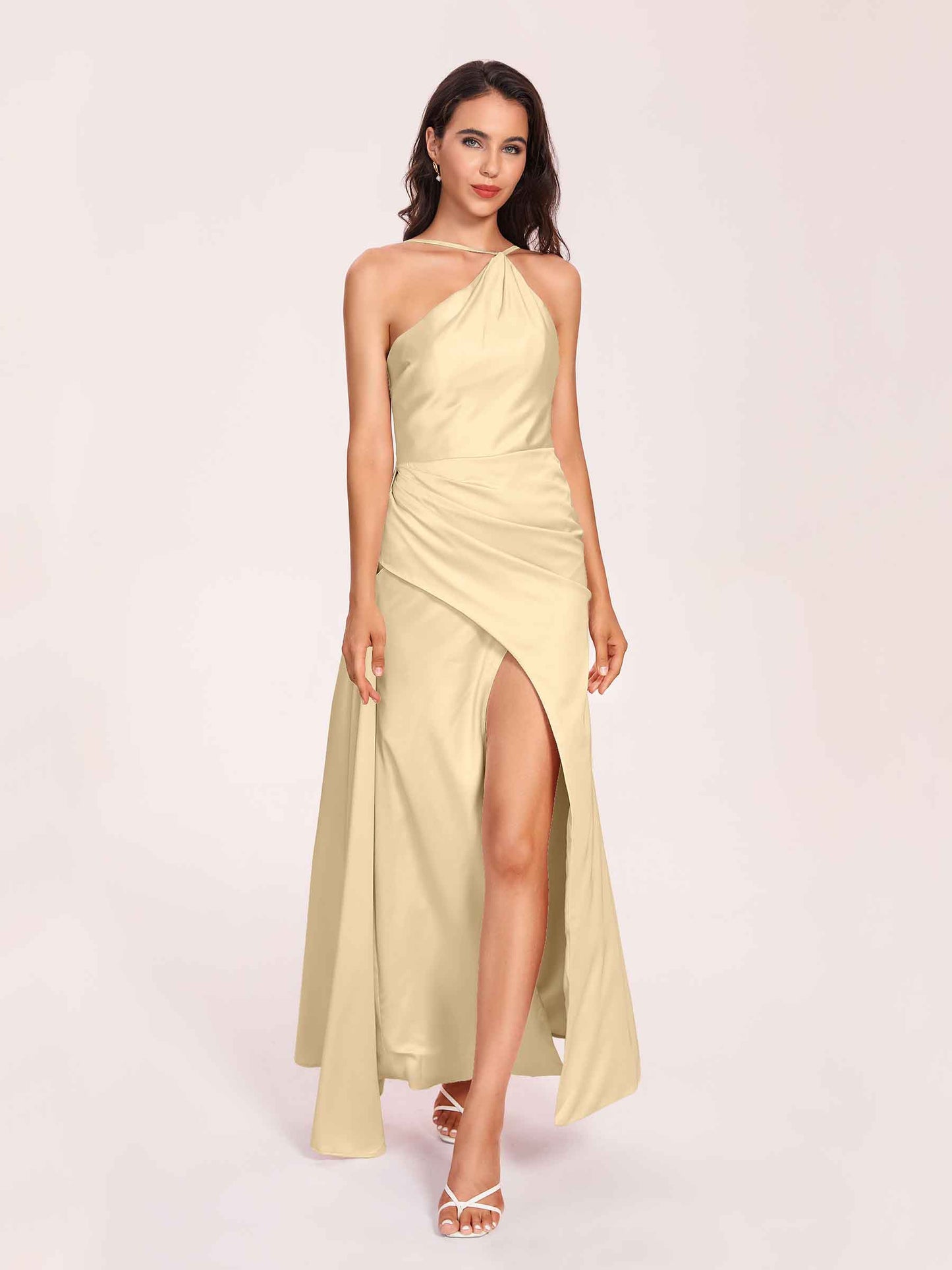 Sexy Satin Halter Strap Sheath Bridesmaid Dresses Side Slit Pleats Floor Length