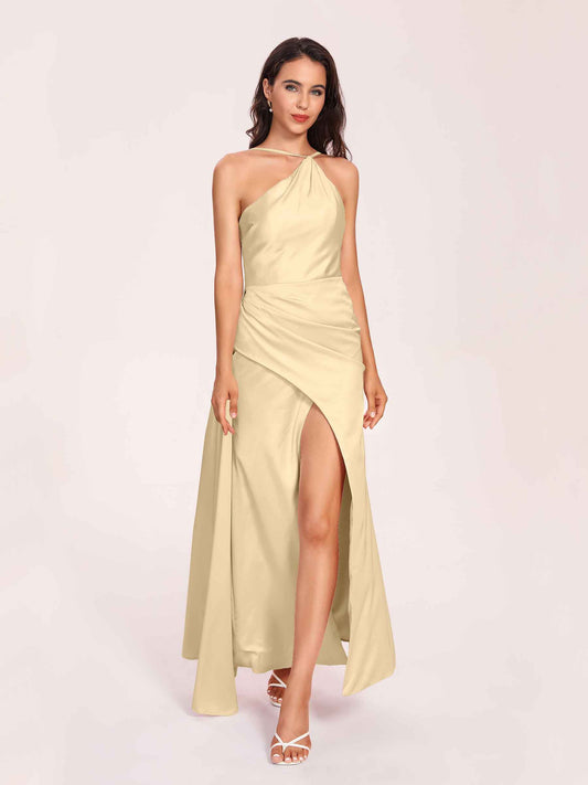 Sexy Satin Halter Strap Sheath Bridesmaid Dresses Side Slit Pleats Floor Length
