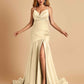 Sexy Satin Mermaid Open Back Prom Dresses Spaghetti Straps V-neck Side Slit