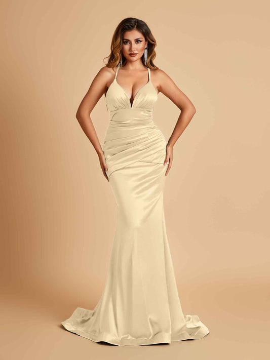 Satin Mermaid Open-back Bridesmaid Dresses Spaghetti Straps V-neck With Pleats Floor Length
