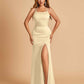 Satin Mermaid Long Bridesmaid Dresses Spaghetti Straps Scoop Side Slit Criss-cross Back