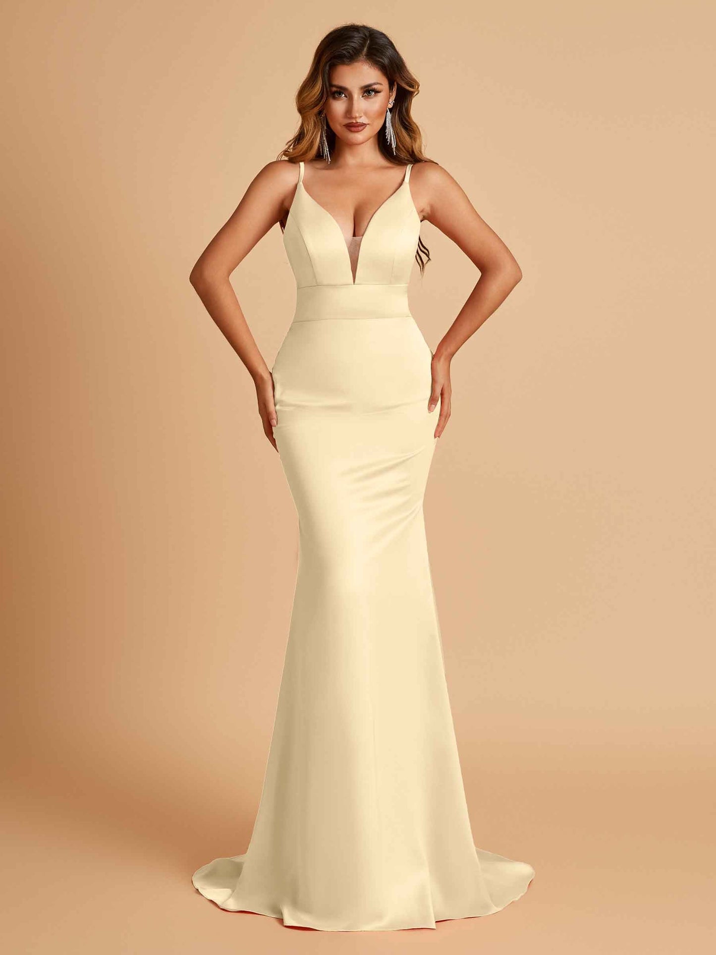 Satin Deep V-neck Mermaid Prom Dresses Open Back Floor Length