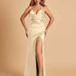 Sexy Satin Halter Straps Sheath Prom Dresses Side Slit Pleats Floor Length