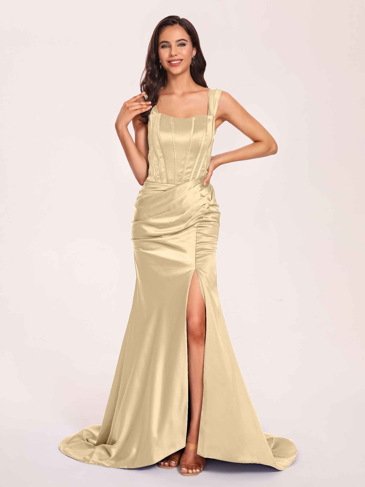 Sexy Satin Square Mermaid Bridesmaid Dresses Pleats Side-Slit Floor-Length Sleeveless
