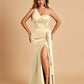 Satin One Shoulder Mermaid Bridesmaid Dresses Side Slit Floor Length