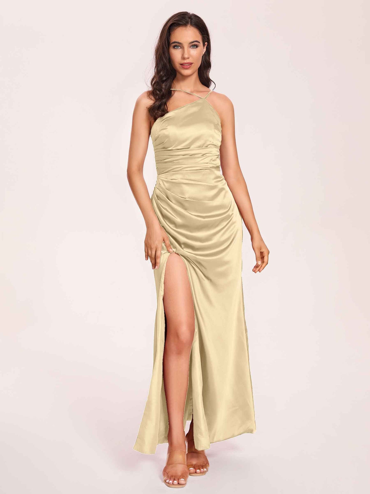 Satin Halter Pleats Sheath Prom Dresses Side-Slit Floor Length Sleeveless
