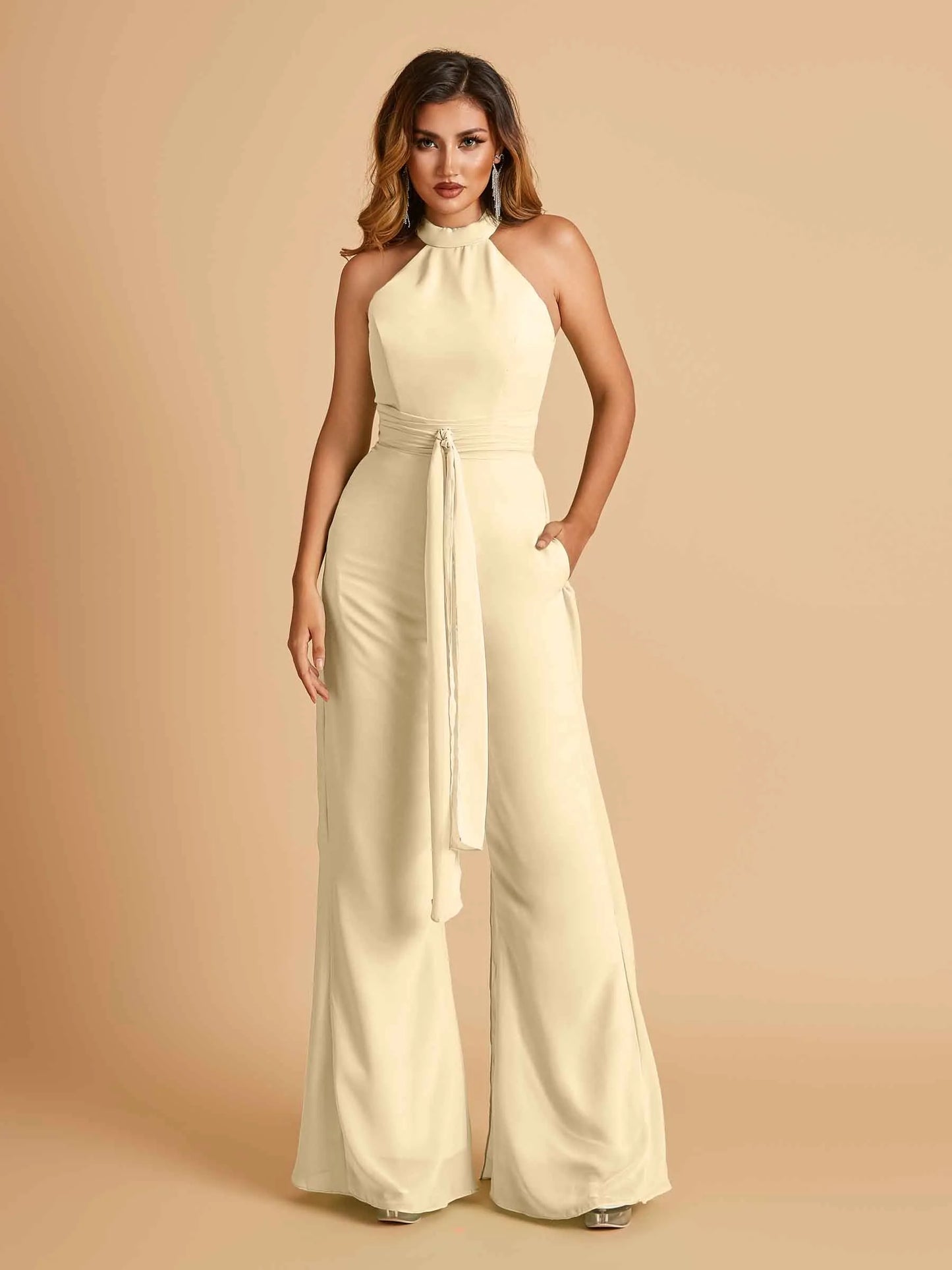 Chiffon Bridesmaid Jumpsuit Jewel Neck Sleeveless Floor Length With Pockets For Sale
