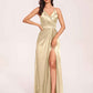 Sexy Satin A-line Prom Dresses Spaghetti Straps Side Slit V-neck Floor Length