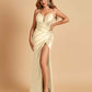 Sexy Satin Spaghetti Straps Prom Dresses V-neck Side Slit Pleats Floor Length Sheath