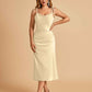 Sexy Satin Midi Prom Dresses Spaghetti Straps Slip Scoop Side Slit