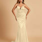 Satin Mermaid Open-back Prom Dresses Spaghetti Straps V-neck With Pleats Floor Length