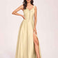 Satin V-neck A-line Prom Dresses Side slit Floor Length
