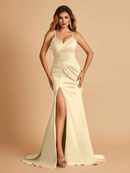 Sexy Mermaid Bridesmaid Dresses Spaghetti Straps Satin Side Slit Pleats Floor Length
