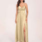 Satin Spaghetti Straps A-line Bridesmaid Dresses Side Slit Floor Length