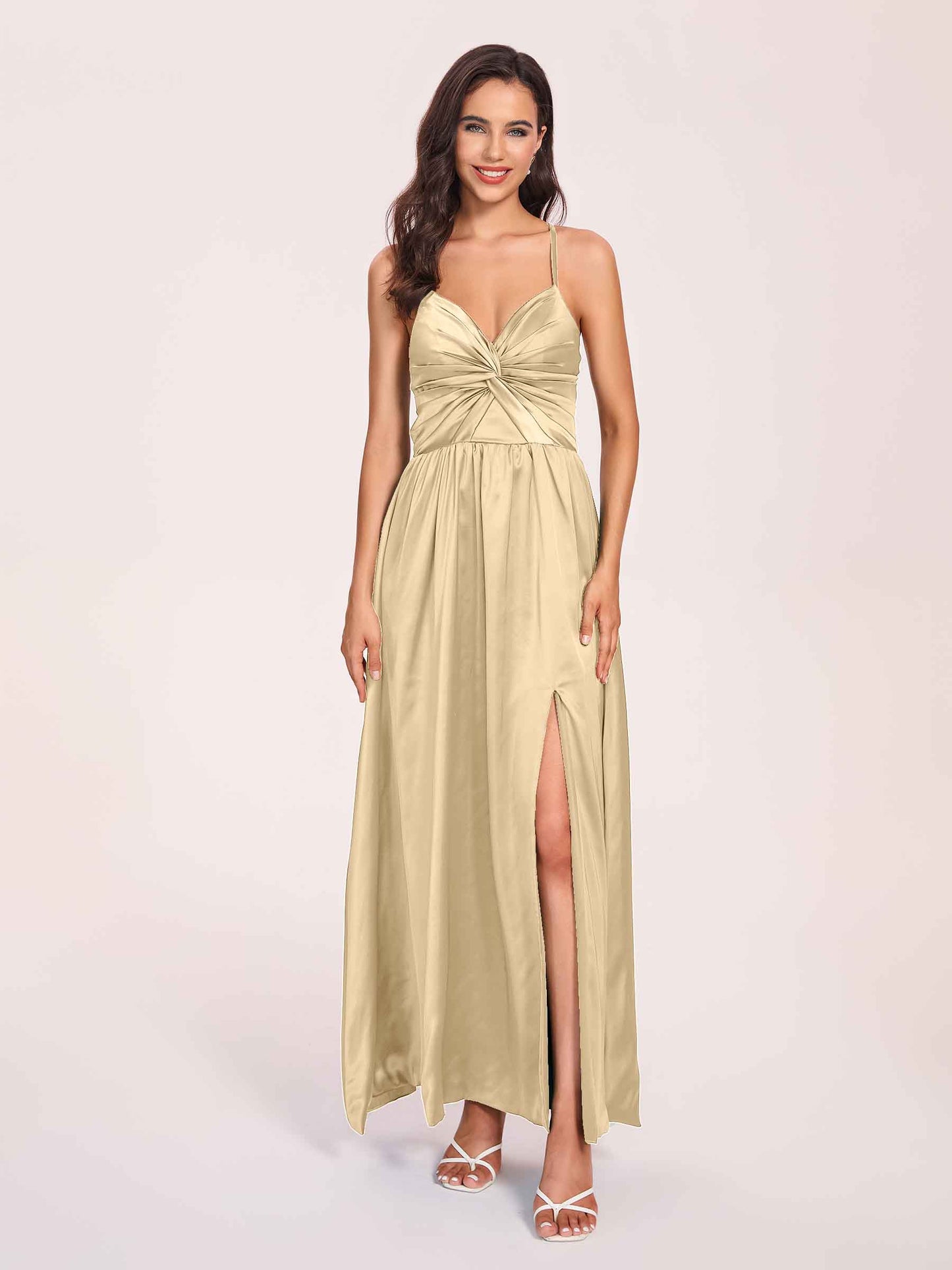 Satin Spaghetti Straps A-line Bridesmaid Dresses Side Slit Floor Length